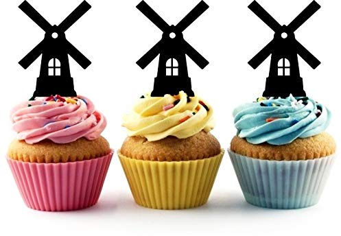 Innovedesire Windmill Holland Dutch Silhouette Party Wedding Birthday Acrylic Cupcake Toppers Decor 10 pcs