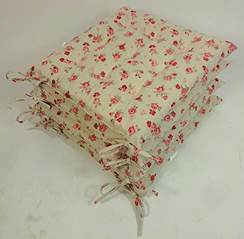Rattani - Set 4 x Stuhlkissen/Sitzkissen Fabia 40 x 40 cm Dicke 5 cm, Fb. Mirha Leinen Rose - Made in EU