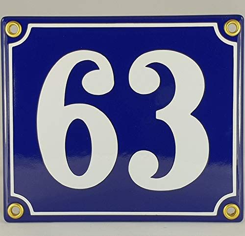 Hausnummer Emaille Schild Nr. 63 Blau-Weiß Handarbeit