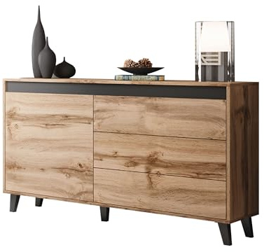 Mirjan24 Kommode Kaspro mit 3 Schubladen und Tür in Holz-Optik, Mehrzweckschrank, Highboard Sideboard, Anrichte, Wohnzimmerschrank, Schrank, Naturtöne (Wotan/Anthrazit)