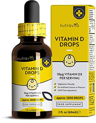 Baby Vitamin D Drops for Infants & Children 60ml – Healthy Immune System, Normal Growth & Development of Bones in Kids - 400 IU or 10mcg per Drop (2000 Drops Per Bottle) - Sugar Free – Made in The UK