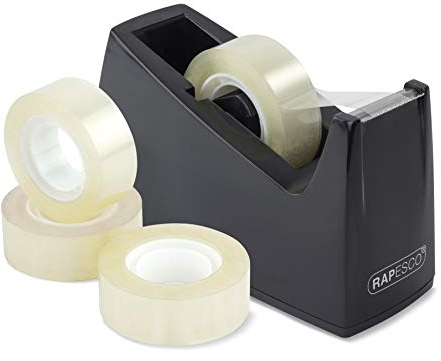 Rapesco 1619 Dispenser per Nastro Adesivo 300 con Nucleo da 25 mm, Include 4 Rotoli di Nastro, Nero