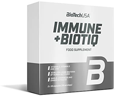 BioTechUSA Immune+Biotiq, Cápsulas de suplemento dietético que contiene flora viva con inulina, vitaminas C y D, zinc y extractos de plantas, 2x18 cápsulas