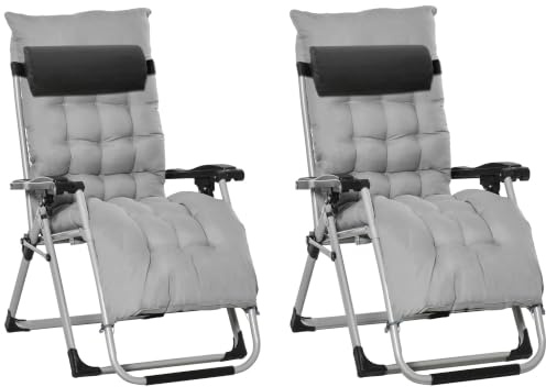 Outsunny Reclining Zero Gravity Chair Folding Metal Frame 2pcs Light Grey