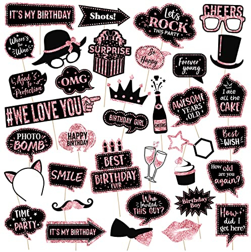 Outus 36 Pcs Birthday Photo Booth Props Kit Happy Birthday 40th- 50th-60th Photobooth Graduation Wedding New Year Party Decor Funny Cute Prom Disco Mardi Gras Holiday Supplies(Rose Gold and Black)