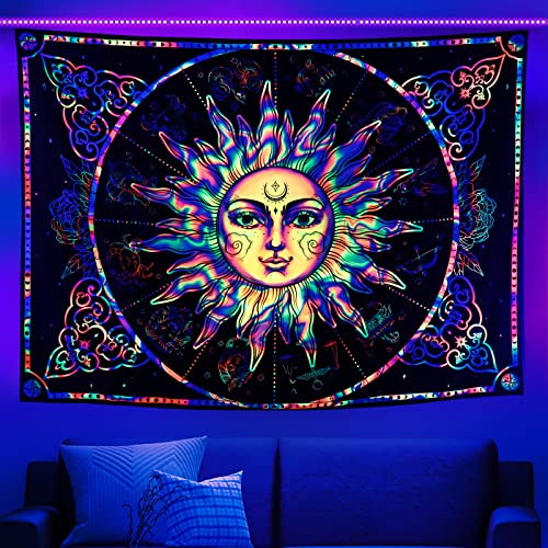 Galoker Schwarzlicht brennende Sonne Wandteppich mystisch Sternbild Wandteppich bunt Boho Mandala Wandteppich Vintage Blumen Wandteppich Psychedelic Tapisserie Wandbehang für Heimdekoration (H 70,8 x