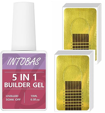 INTOBAS 15 ml Builder Gel 5-in-1, Aufbaugel für UV-Nägel, mit 100 Stück Nagelschablonen, Gummi-Basis, amerikanische Anbringung, Basis und Struktur für Verlängerung, UV-Nagelgel, Gummi, Base Gel