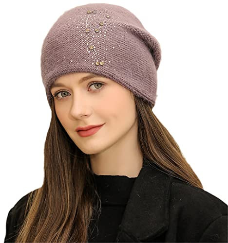 Wintermützen für Damen, gestrickte Wollmützen, hält warm, für den Außenbereich, mittelalter und ältere Menschen, Violett, 55-60 cm