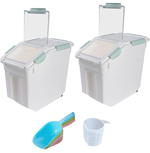 Saim Rice Container 25 lbs, Large Airtight Flour Storage Container with Wheels Measuring Cup, 2 Pack a Set BPA free Food Bin Grain Organizer Box for Dry Baking Supplies Kitchen Pantry Cereal (Green)