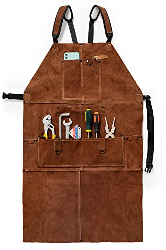 YESWELDER Grembiule da saldatura in pelle con 6 tasche Grembiule da saldatore in pelle bovina resistente al calore e alla fiamma, regolabile per saldatori, uomini e donne, lunghezza 1 m