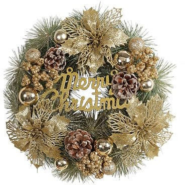 Türkranz Weihnachten Weihnachtsgirlande Klassischer Weihnachtskranz mit Buchstaben, 2023, Neuer Weihnachtsdekorationskranz, Goldener Türkranz Weihnachten Außen Adventskranz Künstlich (B, One Size)