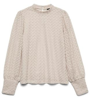 VERO MODA Vmbecca-Top de Encaje de Cuello Alto Blusa de Manga Larga, Piedra Pumice, XL Mujeres