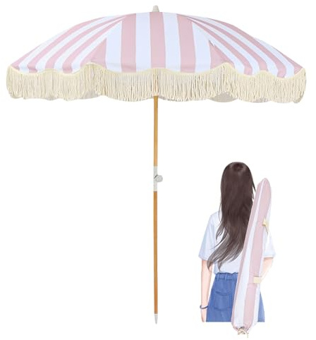 Rosa Streifen Strandschirm UV Schutz 200cm Boho Sonnenschirm Mit Fransen Neigbar Gartenschirm Balkonschirm 32mm Stange Terrassenschirm Tragbar Marktschirm Mit Tasche Ideal Für Den Garten
