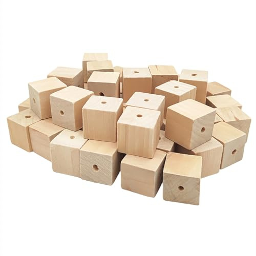 Anktily Holzwürfel mit Löchern, 3 cm/50 Stück, unlackierte quadratische Holzperlen, Blöcke, natürlich, blanko, Holzwürfel für DIY Handwerk