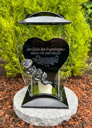 Lampada tomba a forma di cuore con testo – Alla fine dell'arcobaleno ci vediamo di nuovo – 32 cm H. colore nero candela funeraria candela funeraria decorazione – lanterna senza base – candela gratis