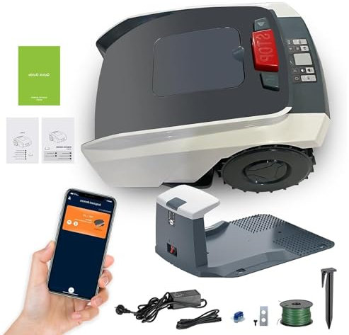 XoTiq Robot Tagliaerba per Giardino Fino a 1000 m², Robot Tagliaerba da 4,4 Ah con Larghezza di Taglio 19 cm, Altezza di Taglio 20-55 mm, Pendenza 33%, Binari Paralleli, Stazione di Ricarica Inclusa