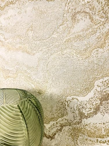 Newroom Vliestapete Gold Marmor Mustertapete Wohnzimmer | Metallic-Schimmer mit Glanzpartikeln, cremeweißes Achatmuster welligen Adern, Putzoptik, Wandtapete, Schlafzimmer, Esszimmer