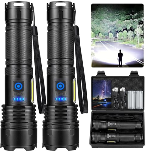 Cinlinso Lot de 2 lampes de poche LED rechargeables haute luminosité, 990 000 lumens, 7 modes avec lampe de travail COB, étanche IPX7, lampe torche puissante pour la maison, le camping, les urgences