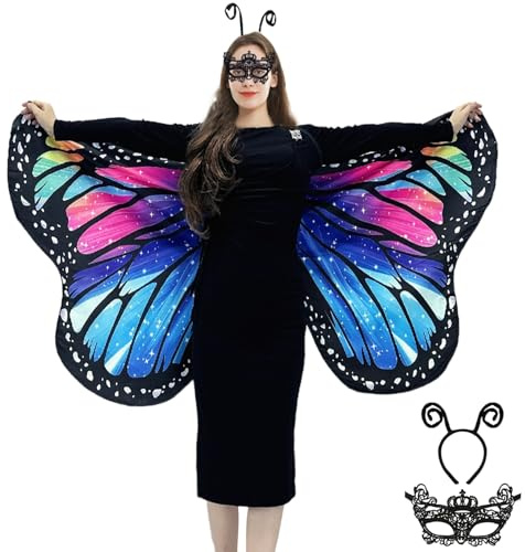 Schmetterling Umhang Damen Schmetterlingsflügel Erwachsene Faschingskostüme -Doppelseitiger Druck Schmetterling Flügel Cape mit Gesichtsmaske und Haarreif für Halloween Karnevel Kostüm (Colorful)