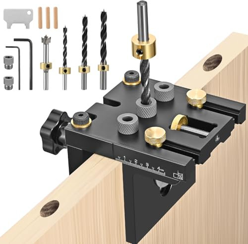 comeder 6/8/10/15 mm Bohrschablone Möbelbau, 3-in-1 Holzdübel Schablone Taschenloch Jig Kit für Holzbearbeitung Exakte Dübellöcher mit Positionierungsclip Einstellbare Bohrführung Stanzer-Locator