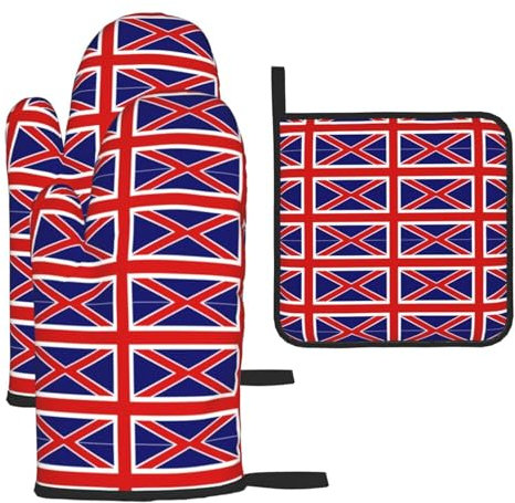 Ofenhandschuhe und Topflappen mit englischer Flagge, 3-teiliges Set, Küchenhandschuhe, hitzebeständige Handschuhe