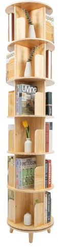 TkkMivcOC 6-Tier Drehbares Bücherregal Holz, Bodenstehendes Bücherregal Drehbar, 360° Multifunktionales Bücherregal, Lagerregal für Kinder und Erwachsene, DVD Regal