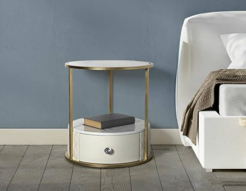 Dmora - Mesita de Noche Araguaia, cómoda Baja, Mesa de Noche, Estante de Cama, 43 x 43 x 48 cm, Blanco y Dorado
