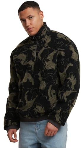 Urban Classics Herrtröja överdimensionerat mönster teddy troyer, bred fleecetröja med hög krage och halv dragkedja, storlekar S – 5XL, Olivvirvel, XL