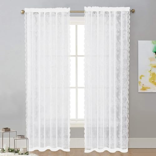WANDGU Tenda trasparente di colore bianco: 2 pezzi, in voile, con ricami floreali, con passante per bastone, in voile con occhielli, per soggiorno, terrazza, camera da letto (1,5 x 2 m)