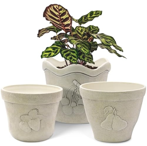 ZMTECH Blumentöpfe mit Abflusslöchern - 17,5/19/21cm Kunststoff Übertöpfe in Betonoptik mit Erdbeer-Apfel-Kirsch Relief (3er-Set, Beige)