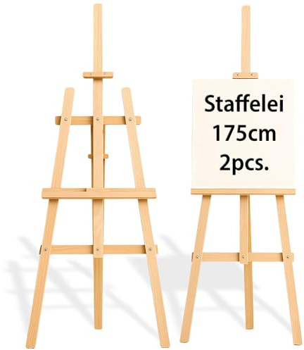 Staffli i trä – Målarstaffli höjdbart vinkelbart för målning ateljé & bröllop skylt – staffli för barn vuxna hopfällbart canvasställ tavelställ trä 175 cm (2 stycken)