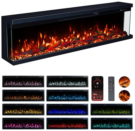 Valine Fires 3-Sided Panoramic Electric Freestanding Fireplace Heater 60/152cm – Wall-Mounted, Media Wall Electric Fire with Real Logs, 15 LED Colours, Crackling Sound, 900W/1800W Heat Control