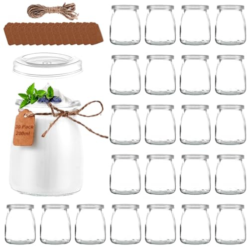 JMIATRY 30 Stück 200ml Joghurtgläser mit Deckel, Dessertgläser Glas mit Deckel, Joghurtbecher mit Deckel für Joghurt, Dessert, Pudding, Milch, Marmelade