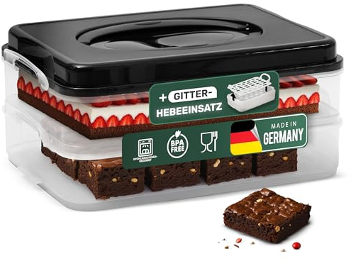 Novaliv Kuchen-Transportbox mit zwei Etagen und Deckel und Einlage (Rechteckig 40 x 30 cm) Aufbewahrungsbox mit Sicherheitsverschluss Party-Box Container Tortentransportbox Tortenbehälter