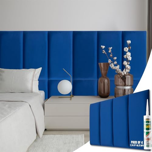 NOVECRAFTO Velvet Padded Wall Panels Set of 4 - Blue Upholstered Anti-Collision Panels with Adhesive - H23.6 x W11.8 (60x30cm) Cushioned Paneling for Beds, Kids Room, Hallways & Feature Walls