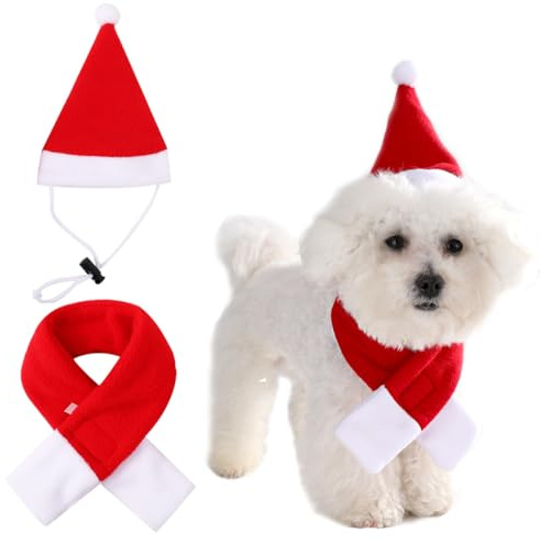 Weihnachtsmütze für Hunde, niedlich, für kleine Hunde und Katzen, verstellbar, Weihnachtsmannmütze, Weihnachts-Kostüm, Outfit-Set für Party, Foto-Requisiten, Größe L, 2 Stück