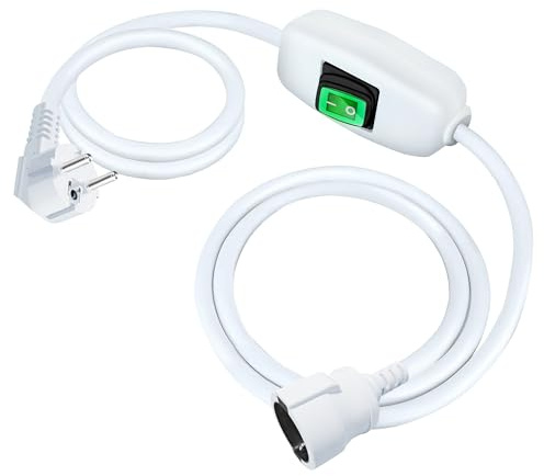 Weiß Verlängerungskabel mit EIN-Aus-Schalter, 2 m (200 cm), 6 A, 220V-240V, 1400 W, isoliert & flammfest, Netzkabel für Innenbereich