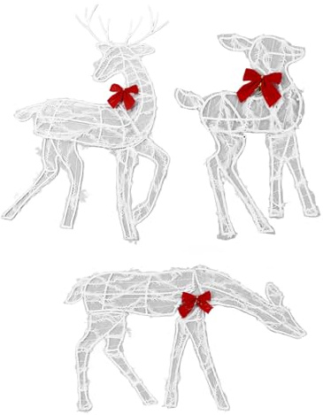 Yosoo Health Gear Beleuchtetes Weihnachts-Hirsch-Familien-Set, 3-teilig, LED-Außenhofdekoration, mit Roten Schleifen, Mutter-Kind-Rentier-Gartendekoration