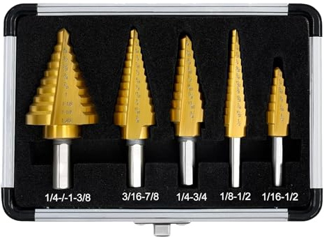 GREATRICH 5 Piezas Broca Escalonada para Metal, Broca Conica de HSS de Titanio (5 – 13 mm, 3 – 13 mm, 6 – 19 mm, 5 – 22 mm, 6 – 35 mm), para Aluminio, Madera, Fresas con Estuche de Aluminio