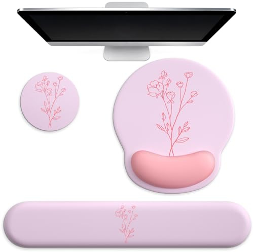 Mouse Pad with Wrist Rest and Keyboard Wrist Rest Support with Coaster 3-in-1 Set, Cute Gel Ergonomic Mousepad for Computer,Laptop,Gaming,Home,Desk,Office-Pink Little Flower