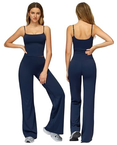 Odizli Sport Set Damen Spaghetti Top mit Integriertem BH + High Waist Wide Leg Leggings Fitness Gym Yoga Sportanzug