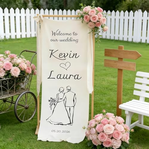 MEIEG Banner di Matrimonio Personalizzato, Cartello di Benvenuto in Tessuto Personalizzato, Decorazione per L'ingresso della Cerimonia, Banner di Matrimonio Moderno E Minimalista(60X200 cm)
