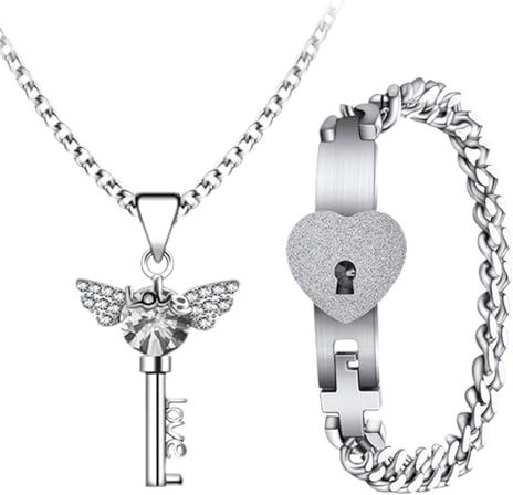 LAMGUL Set Braccialetto con Lucchetto e Collana con Chiave: Coppia Ali Cuore Cristallo Chiave Pendente Gioielli Braccialetto con Lucchetto Cubano Abbinato in Acciaio Inossidabile - Romantico Set di