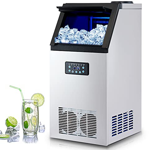 CREWORKS Commercial Ice Machine 59kg 130lb/24h Stainless Steel Ice Maker | 36 cubes/batch, large storage Freestanding ice cube make, food-grade stainless steel, self-cleaning, for bar cafe home