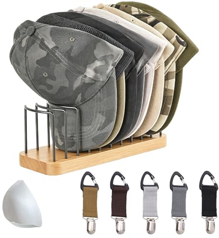 Yongyann 11Pcs Baseball Cap Storage Set, Wood Metal Hat Organiser Stand | Wood/Metal, for Bedroom Closet Entryway Display Hat Holder Cap Rack