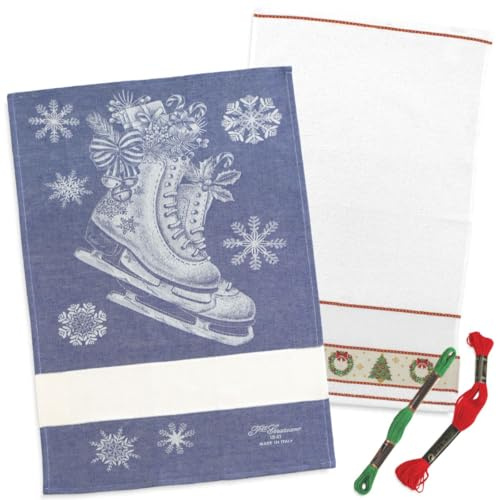 hobbymio.it Set 2 Strofinacci Natalizi da Ricamare a Punto Croce con 2 Matassine Mouliné Incluse – Canovaccio in Spugna Ghirlanda Bianco e strofinaccio Pattino – Kit Ricamo Natale (08 Blu)