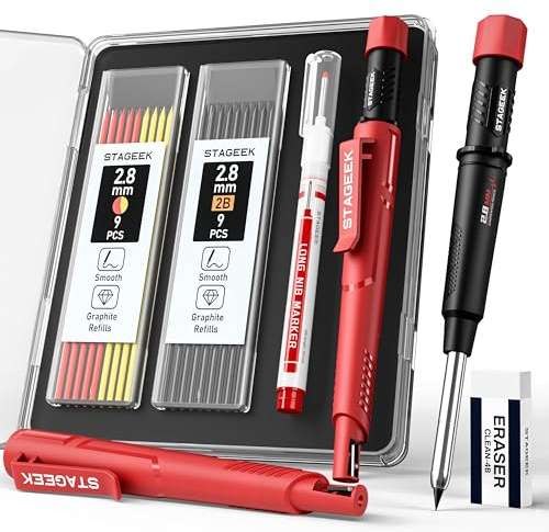 STAGEEK Crayon Chantier Extensibles avec Holster, Taille Crayon, 19 Mines de Rechange, Pour Architecte, Menuisier, Bricolage, Dessin, Traçage sur Bois, Métal, Béton, Carrelage