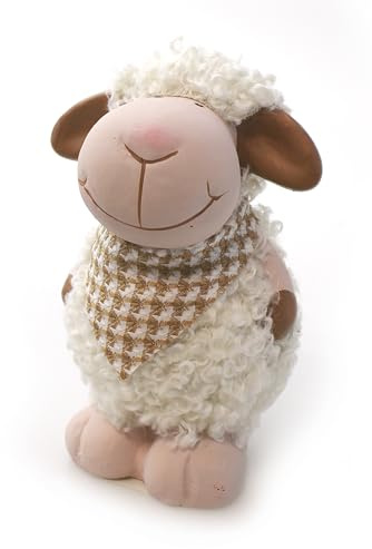TEMPELWELT® Deko Figur Schäfchen Schaf mit Halstuch 13 cm, Ton mit Kunstfell weiß braun, Lämmchen Wollschaf Dekofigur Tierfigur für Frühling Ostern Sommer