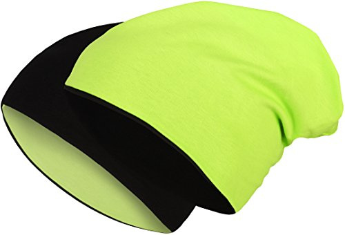 2 in 1 Reversible Slouch Long Beanie Jersey Cotton Elastic Unisex Men Ladies Hat Heather in 24 Colori Diversi (8) (Black/Neon Green)