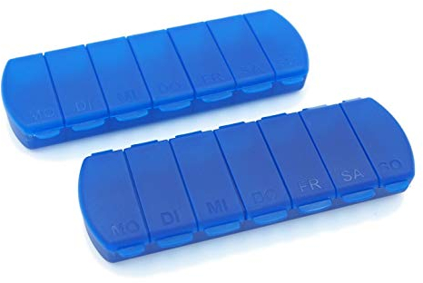 MAXBOX 2er Set Tablettenbox 7 Tage, Pillenbox mit getrennten Fächern (2 Stück, blau) für unterwegs und daheim